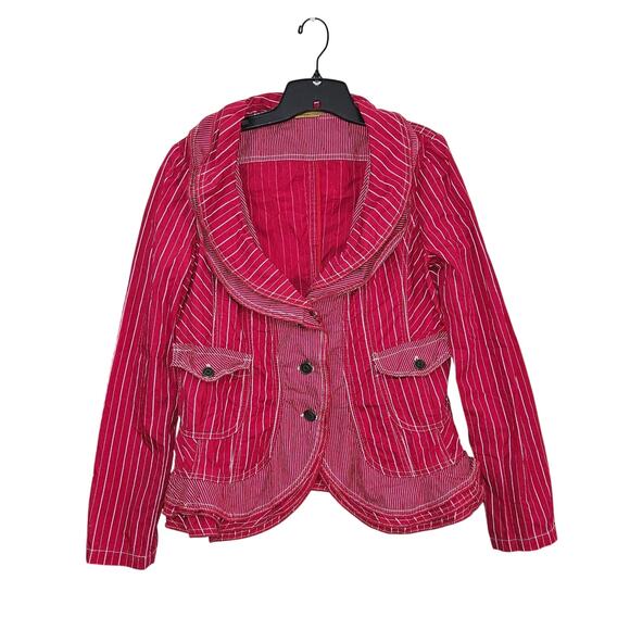 Stefanel Red White Stripped Ruffle Jacket Size 12 Large Button Front 100% Cotton - Picture 11 of 12